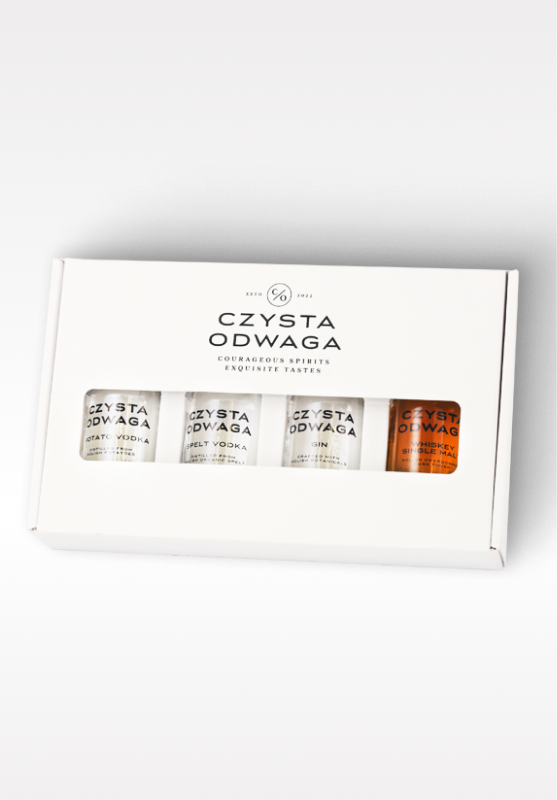 Czysta Odwaga set degustacyjny: wódka ziemniaczana, orkiszowa, whiskey, gin 4 x 50 ml