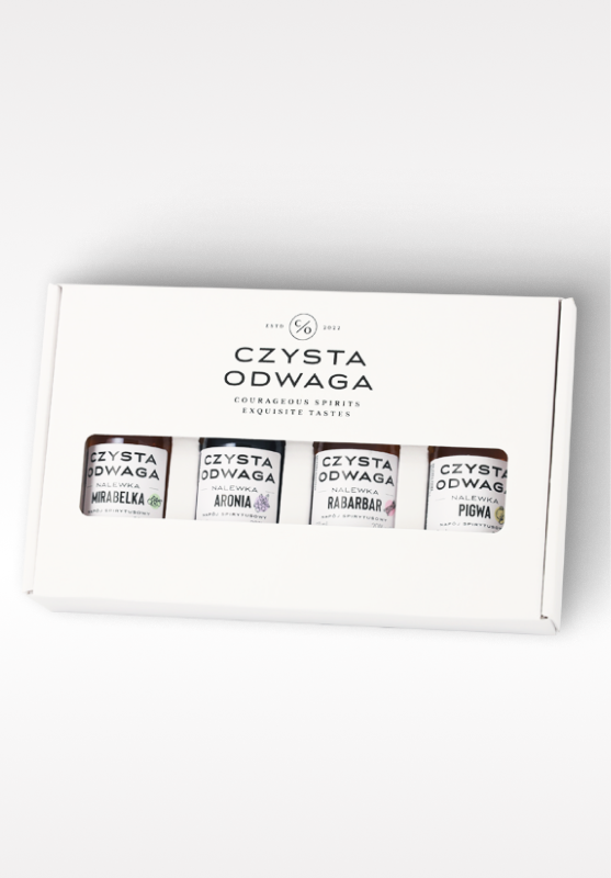 Czysta Odwaga set degustacyjny nalewek o smaku aronii, pigwy, mirabelki, rabarbaru 4 x 50 ml