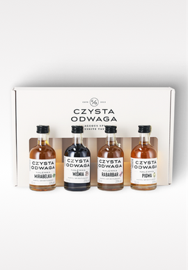 Czysta Odwaga set degustacyjny nalewek o smaku wiśni, pigwy, mirabelki, rabarbaru 4 x 50 ml